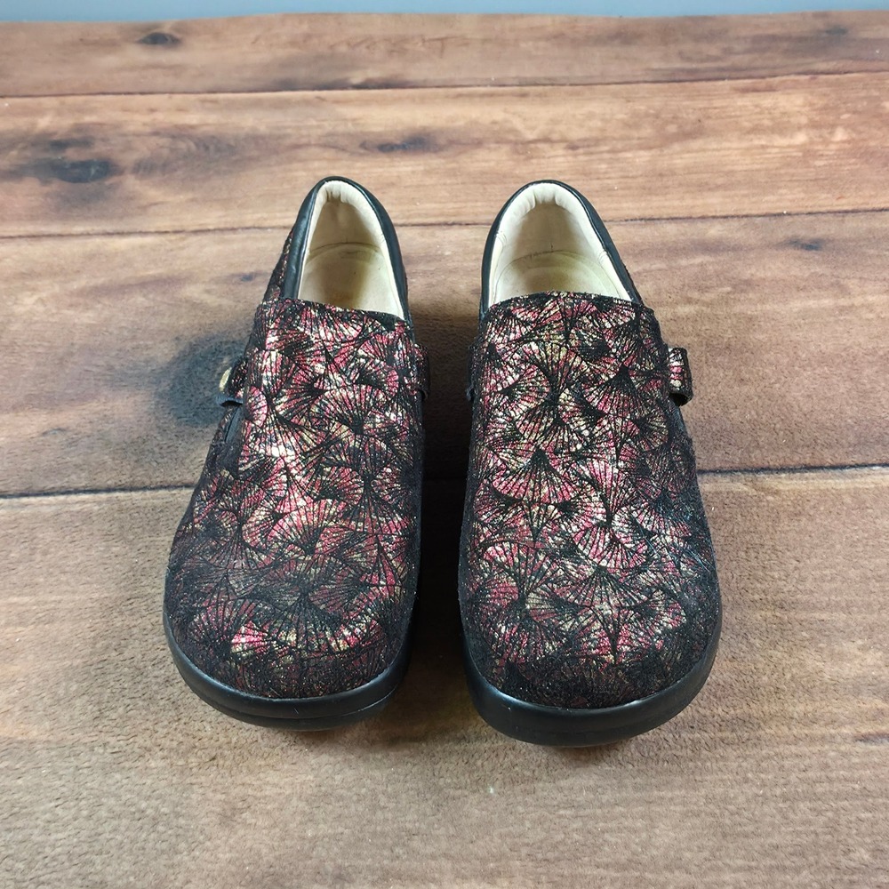 Alegria Clogs Womens 38 Black Red Gold Metallic Fan Good Slip On Comfort Shoes